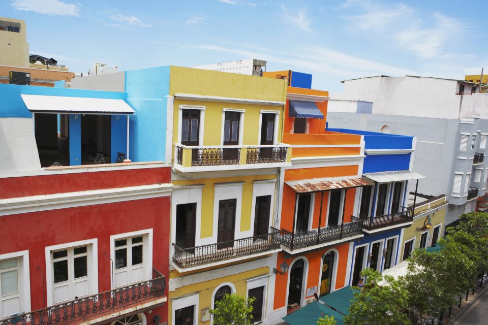 High angle view of buildings along a road, Old San Juan, San Juan, Puerto Rico.